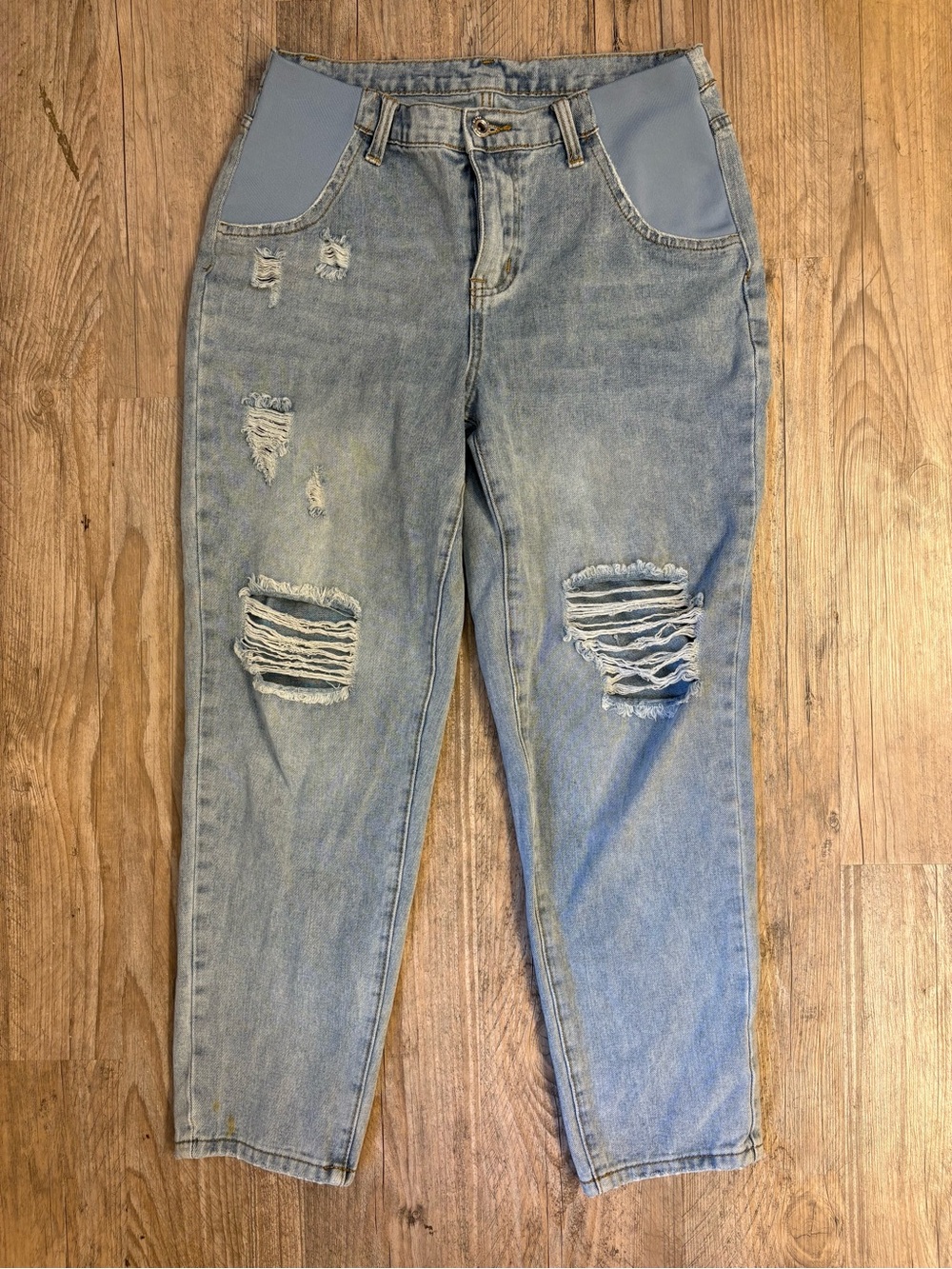 SHEIN Light Blue Distressed Boyfriend Jeans with Panel Pockets, maternity jeans
